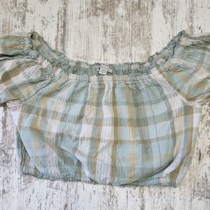 American Eagle Womens Plaid Green Crop Top Size Medium Puff Short Sleeve